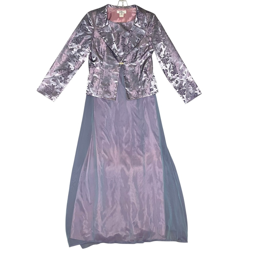 Vtg Patra 2 Piece Gown Set Women 10 Purple Floral Brocade Jacket Iridescent Maxi